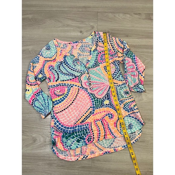Lilly Pulitzer Women Top Resort Wear Mosaic Print V Neck Button Up Tunic Top M - Picture 6 of 10